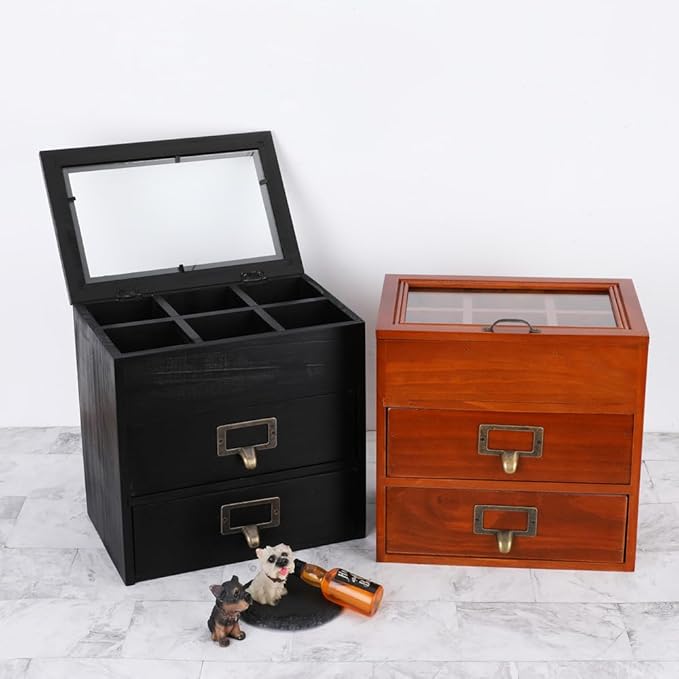 Wooden Storage Box Wooden Desk Organizer with 2 Drawers and 6 Grids Apothecary Drawers Small Wooden Drawers Small Craft Storage Containers Jewelry Holder for women(Glass Black02)