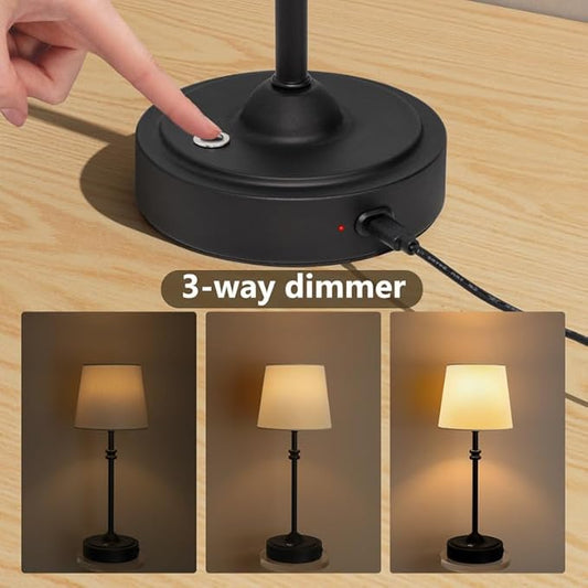 ONEWISH Cordless Table Lamps Set of 2 - Battery Powered Lamp, 4000mAh Rechargeable, Stepless Dimmable, Wireless Lamp with Fabric Shade, Warm Ambient Light for Bedside, Dining, Patio, Bathroom(Black)