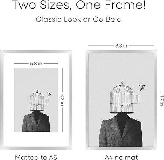 Homeforia A4 Picture Frame Silver, High End Metal 8.3 x 11.7 inch Silver Poster Frames with Mat 5.8 by 8.3 Art, A4 Frames Matted to A5 Photo, 8.3x11.7 Wall or Tabletop Frames, Tempered Glass, Set of 1