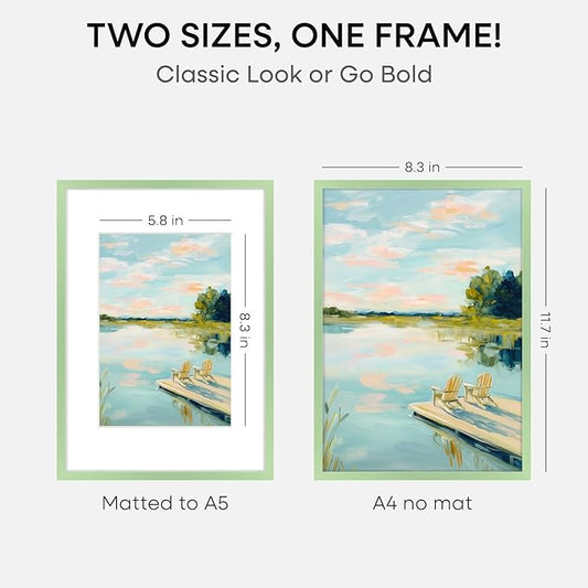 Homeforia A4 Picture Frame Sage Green, High End Metal 8.3 x 11.7 inch Poster Frames with Mat 5.8 by 8.3 Art, A4 Size Frame Matted to A5 Photo, 8.3x11.7 Wall or Tabletop Frame, Tempered Glass, Set of 1