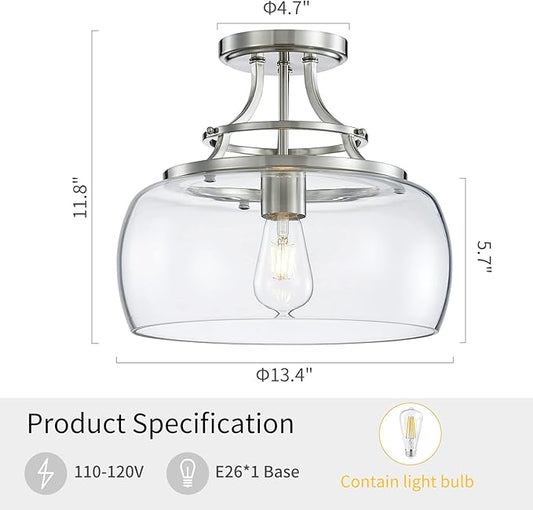 WUZUPS Chandelier Rustic Farmhouse Industrial Round Semi-flushmount Ceiling LED Light Fixture with Clear Glass Shades for Bathroom Kitchen Foyer Entryway, H 11.8" x W 13.4", E26 Base, Brushed Nickel