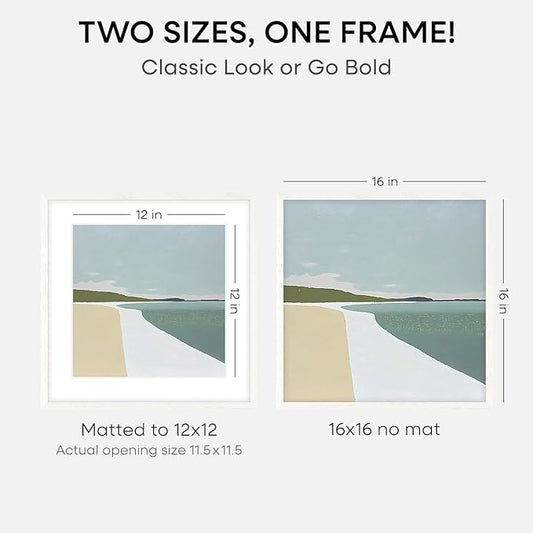 Homeforia 16x16 White Picture Frame, High End Oak 16 x 16 Square Wood Frames with Mat 12 by 12 inches Photo, 16by16 White Wooden Poster Frames Matted to 12x12 Print, Tempered Glass, Wall Kit, Set of 1