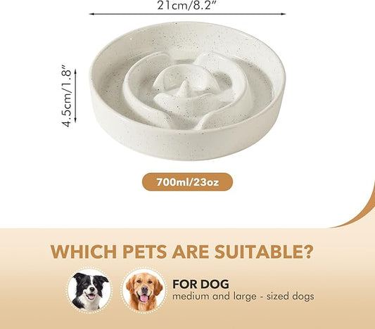 Ceramic 8.2inch Dog Bowl Slow Feeder for Medium and Large Dog, Pet Slow Dish, Stop Bloat, Preventing Choking(Single Bowl, Vanilla White)