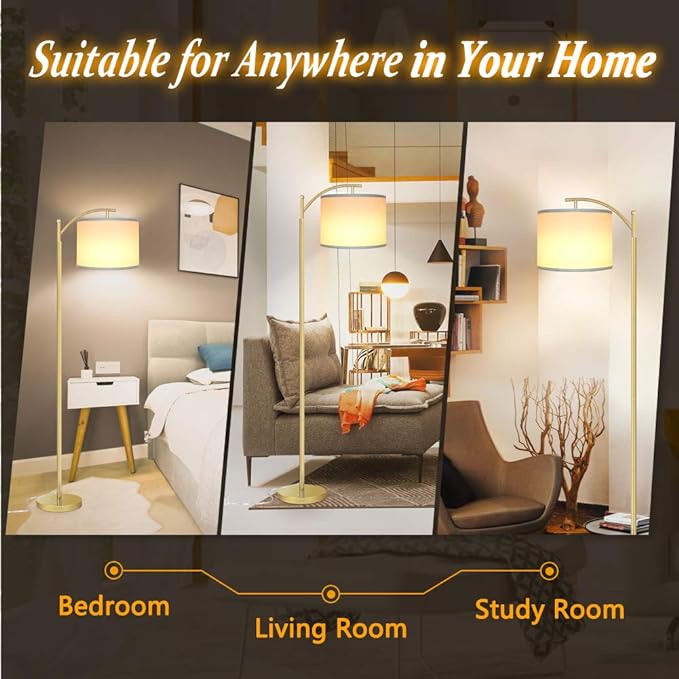 Rottogoon Floor Lamp for Living Room, LED Standing Lamp with 2 Lamp Shades Tall Industrial Floor Lamp Reading for Bedroom, Office, Study Room (9W LED Bulb, Beige & White Shades Included) -Gold