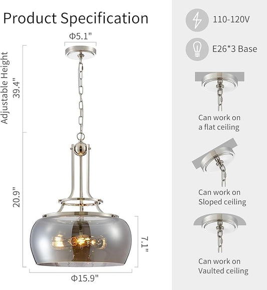 WUZUPS Nickel Chandelier Rustic Farmhouse Industrial Round Ceiling Pendant LED Light Fixture Electroplated Gray Glass Shade for Dining Room Kitchen Island Foyer Entryway, H 20.9" W 15.9", E26 Base