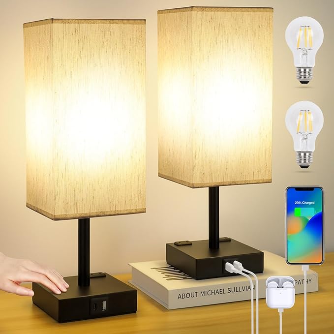 Bedside Table Lamps Set of 2 - Touch Nightstand Lamp for Bedroom with USB C+A Charging Ports & AC Outlets, 3-Way Dimmable Desk Lamp Flaxen Fabric Shade for Living Room Office(Bulb Included)
