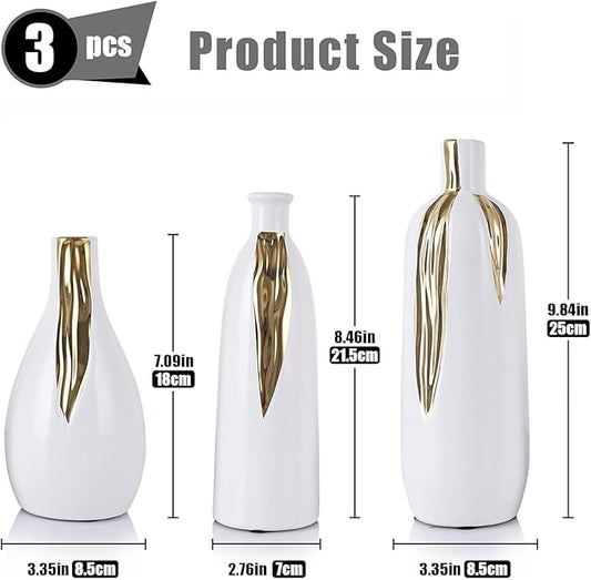 White and Gold Ceramic Vase Set of 3, Ceramic Vase Set for Decorative, White and Gold Single Stem Vases for Centerpieces Nightstand Kitchen, Boho Farmhouse Home Decoration