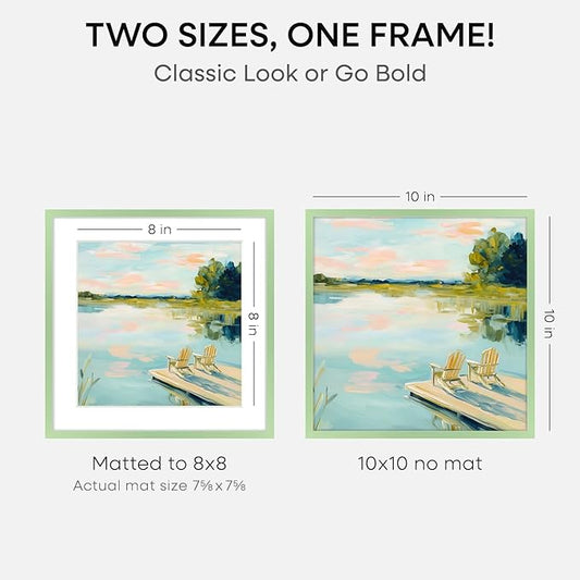 Homeforia 10x10 Picture Frame Sage Green, High End Metal 10 by 10 Square Frames with Mat 8 x 8 Photo, 10by10 Poster Frame Matted to 8x8 Art, Wall or Tabletop Frames, Tempered Glass, Wall Kit, Set of 1