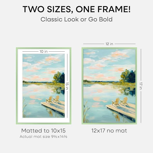 Homeforia 12x17 Picture Frame Sage Green, High End Metal 12x17 Poster Frames with Mat 10x15 Photo, 12 x 17 Sage Green Frame Matted to 10 by 15 Art, 17x12 Thin Frame, Tempered Glass, Wall Kit, Set of 1