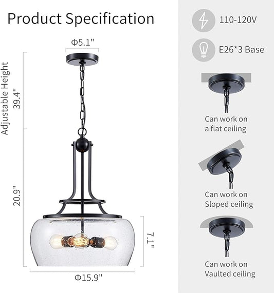 WUZUPS Chandelier Rustic Farmhouse Industrial Round Ceiling Pendant LED Light Fixture Clear Seeded Glass Shade for Dining Room Kitchen Island Foyer Entryway, H 20.9" x W 15.9", Black