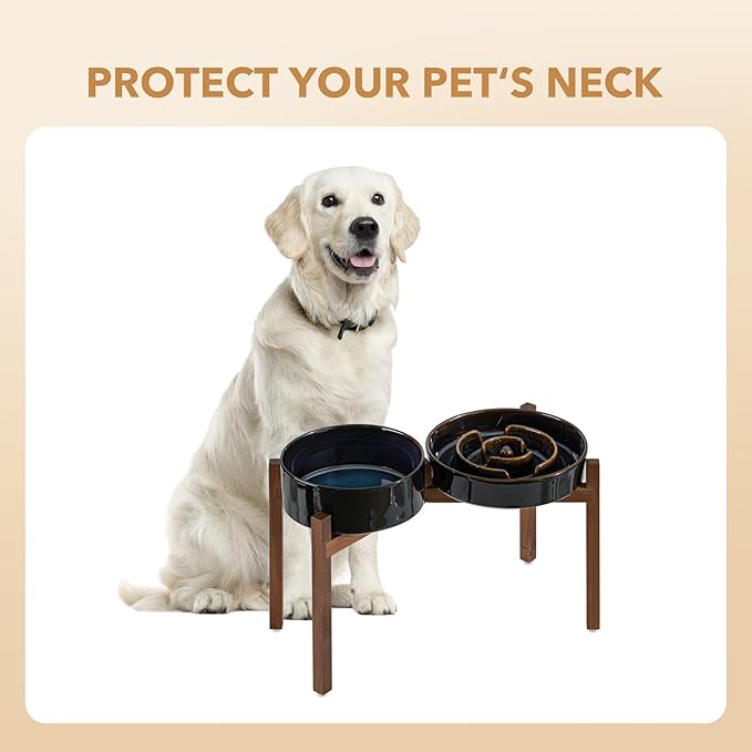 Ceramic Raised Slow Feeder Dog Bowl Set, Elevated 8.2inch Bowl and 9.5inch Dish with Acacia Wood Stand for Large Dog, Stop Bloat(2X Starry Sky+ Stand)