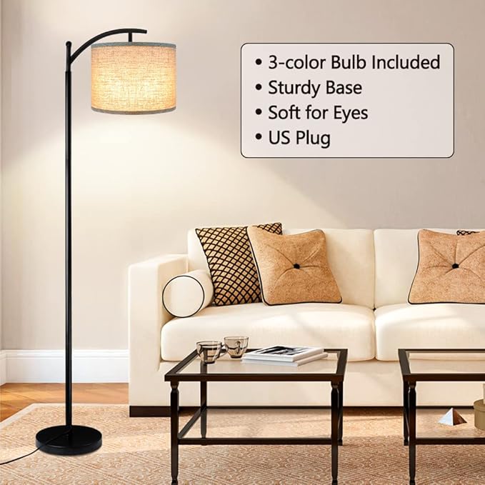 Floor Lamp with 3CCT LED Bulb, Gray Linen Lamp Shade for Living Room, Modern Standing Lamp for Bedrooms - Black