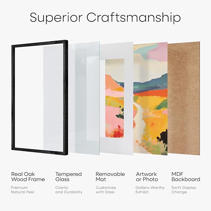 Homeforia A2 Black Wood Frame, High End Oak 16.5 x 23.4 Black Wooden Poster Frames Matted to 11.7 by 16.5 in Photo, A2 Size Wood Picture Frame with Mat A3 for Print, Tempered Glass, Wall Kit, Set of 1