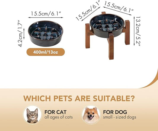 6.1inch Ceramic Raised Slow Feeder Dog Bowl Set, Elevated Bowl with Acacia Wood Stand for Small Dog and Cat, Slow Dog Food Dish for Fast Eater, Anti-Gulping(Starry Sky, Single Bowl+ Stand)