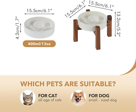 Ceramic 6.1inch Raised Slow Feeder Dog Bowl Set, Elevated Acacia Wood Stand for Small Dog and Cat, Slow Dish, Stop Bloat(Single Bowl+ Stand, Reactived Glaze -White)