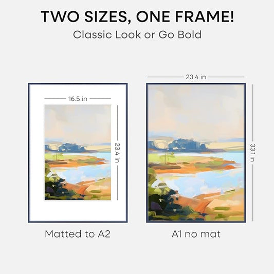 Homeforia A1 Poster Frame Navy Blue, High End Metal A1 Large Picture Frames with Mat A2 Photo, 23.4 x 33.1 Frames Matted to 16.5 x 23.4 Print, 23.4x33.1 Thin Frames, Tempered Glass, Wall Kit, Set of 1