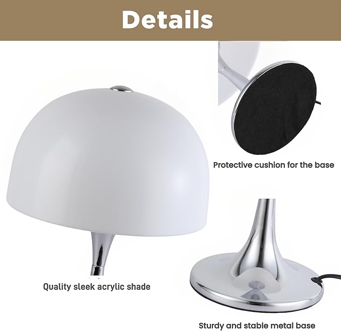Modern Sleek Table Lamp for Bedroom, 3-Light LED End Desk Lamp for Living Room, Office, Milky White Acrylic Shade Metal Mushroom Table Lamp for Bedside Night Light Desk, Chrome Base