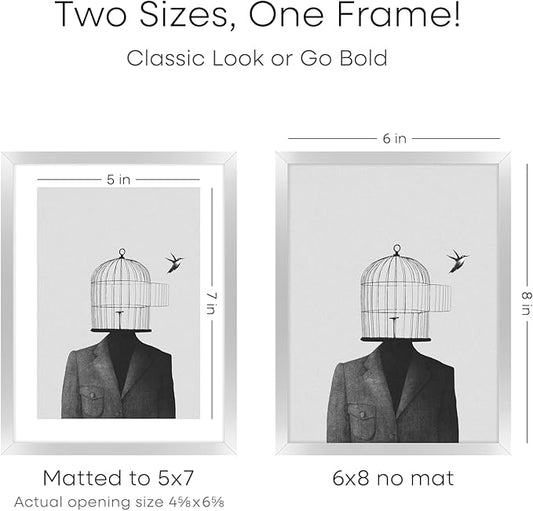 Homeforia Silver Photo Frame 6x8, High End Metal 6 x 8 Silver Picture Frames with Mat 5 x 7, 6by8 Desk Frame Matted to 5x7 inch Art, 6 by 8 Wall or Tabletop Frames, Tempered Glass, Wall Kit, Set of 1