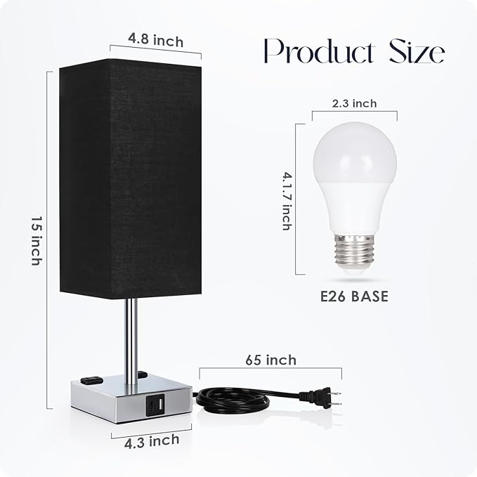 Soilsiu Set of 2 Bedside Table Lamp 3 Way Dimmable Nightstand Lamp with USB C & USB A Charging Port, 2 AC Outlets, 3000K LED Bulbs (Black)