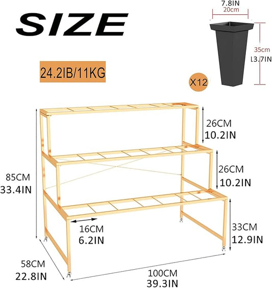 Flower Display Stand With 12PCS Buckets, 3 Layers Metal Plant Stand with Wheels, Heavy Duty Moving Plant Cart Shelf, for Indoor, Outdoor Patio Garden, Living Room, Florist (Black - Square Bucket)