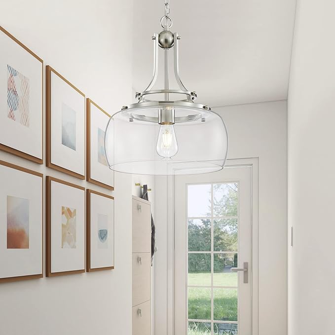 WUZUPS Chandelier Rustic Farmhouse Industrial Round Ceiling Pendant LED Light Fixture with Clear Glass Shades for Dining Room Kitchen Island Foyer Entryway, H 17" x W 13.4", E26 Base, Brushed Nickel
