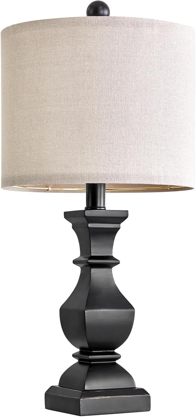 PoKat 20.5'' Bedside Table Lamp for Bedroom Nightstand - Farmhouse Lamp for Living Room, Black Night Stand Light Lamp with Round Linen Shade, Vintage Bedroom Lamp, Suitable for Small Place
