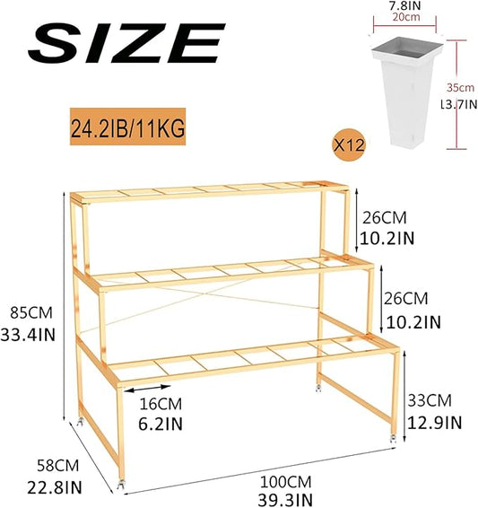 Flower Display Stand With 12PCS Buckets, 3 Layers Metal Plant Stand with Wheels, Heavy Duty Moving Plant Cart Shelf, for Indoor, Outdoor Patio Garden, Living Room, Florist (White - Square Bucket)