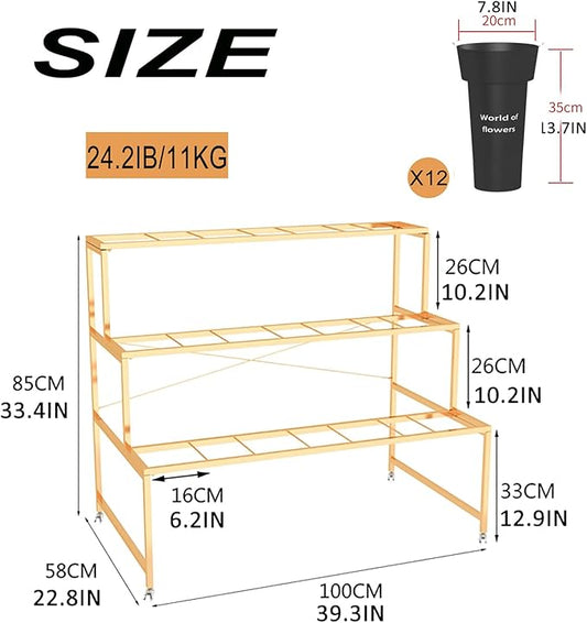 Flower Display Stand With 12PCS Buckets, 3 Layers Metal Plant Stand with Wheels, Heavy Duty Moving Plant Cart Shelf, for Indoor, Outdoor Patio Garden, Living Room, Florist (Black - Round Bucket)