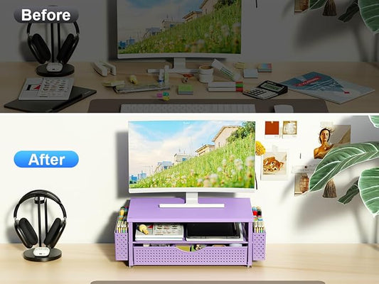 Desk Organizer and Accessories, Computer Monitor Stand Riser with Drawer and 2 Pen Holders, Office Desk Accessories & Workspace Organizers for Office Supplies (Purple)