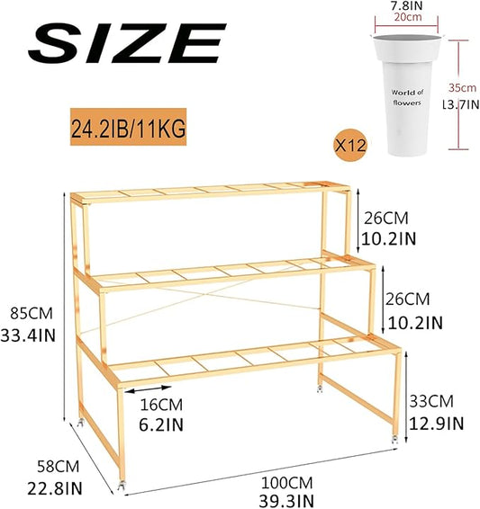 Flower Display Stand With 12PCS Buckets, 3 Layers Metal Plant Stand with Wheels, Heavy Duty Moving Plant Cart Shelf, for Indoor, Outdoor Patio Garden, Living Room, Florist (White - Round Bucket)