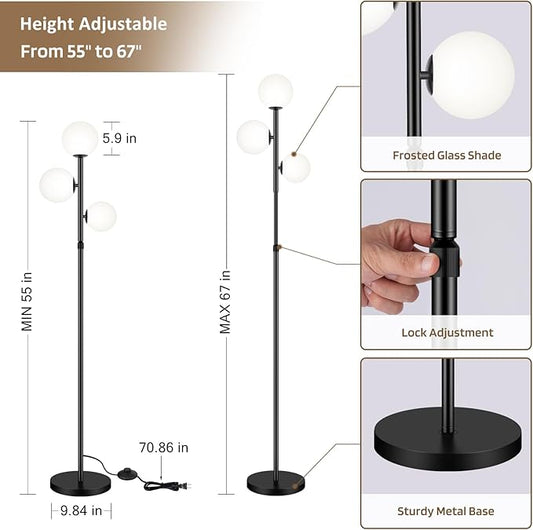 67" Mid Century Floor Lamps for Living Room, 3 Globe Floor Lamp with Frosted Glass Shades, Adjustable Height Standing Lamp with Foot Switch, Tall Lamps for Bedroom Office, G9 Bulbs Included, Black