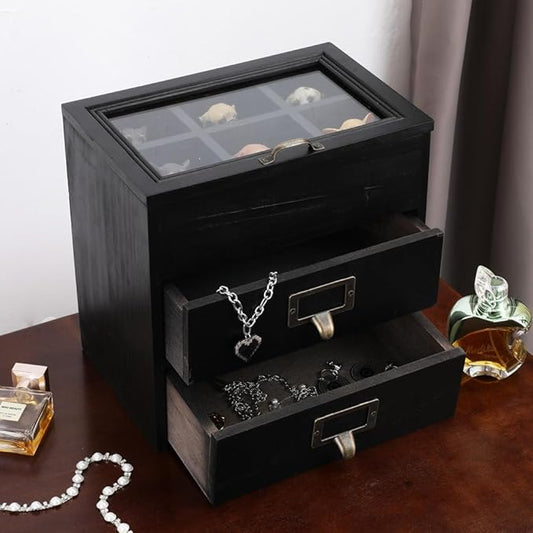Wooden Storage Box Wooden Desk Organizer with 2 Drawers and 6 Grids Apothecary Drawers Small Wooden Drawers Small Craft Storage Containers Jewelry Holder for women(Glass Black02)