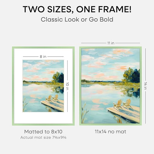 Homeforia 11x14 Picture Frame Sage Green, High End Metal 11x14 Wall Hanging Frame with Mat 8x10, 11 x 14 Poster Frame Matted to 8 x 10 inch Photo, 14x11 Thin Frames, Tempered Glass, Wall Kit, Set of 1
