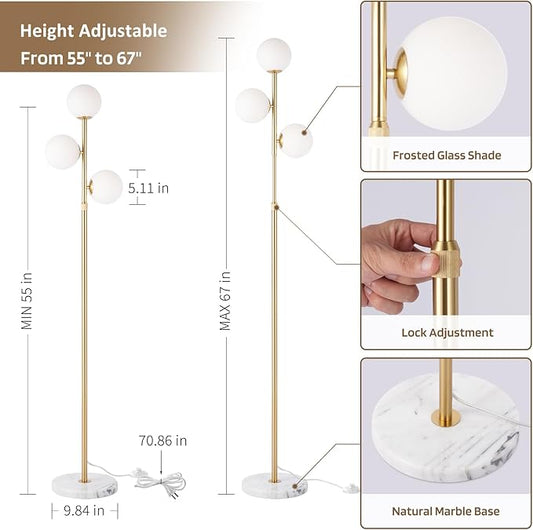 3-Globe Mid Century Modern Floor Lamps for Living Room, Adjustable Height Standing Lamp with Marble Base, Gold Tall Lamp with Frosted Glass Shades, Pole Lamps for Bedroom, Bulbs Included