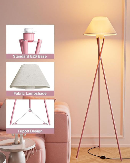 Tripod Floor Lamp, Pink Standing Lamps with E26 Bulb Included, Mid Century Modern Tall Lamps for Living Room Bedroom Home Decor