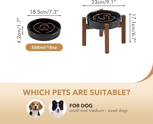 Ceramic 7.3inch Raised Slow Feeder Dog Bowl Set, Elevated Acacia Wood Stand for Medium and Small Dog, Slow Dish, Stop Bloat(Single Bowl+ Stand, Starry Sky)