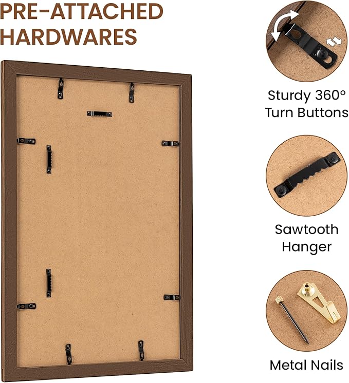 11x17 Picture Frame, USA-Sourced Walnut Wood Frame with Tempered Glass, Display 8x12 with Mat or 11x17 Without Mat, 11 by 17 Photo Frame for Vertical & Horizontal Display, Handcrafted, 1 Pack