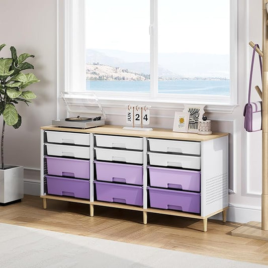 12-Drawer Storage Cabinet with Wooden Tabletop, Versatile Cube Storage Organizer Bin Storage for Home, Office, Playroom, Classroom & Craft Room Storage (Gradient Purple)