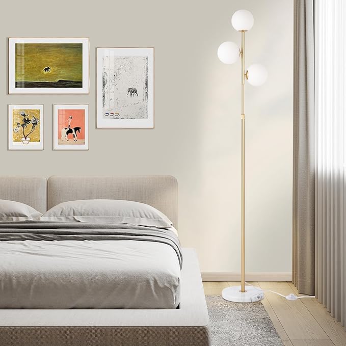 3-Globe Mid Century Modern Floor Lamps for Living Room, Adjustable Height Standing Lamp with Marble Base, Gold Tall Lamp with Frosted Glass Shades, Pole Lamps for Bedroom, Bulbs Included