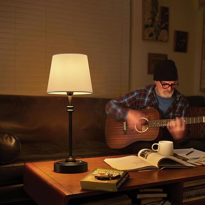 ONEWISH Cordless Lamp-Battery Operated Table lamp, 4000mAh Rechargeable, Stepless Dimmable, Small Touch Bedside Lamp with White LampsShade, 2700K Warm Ambient Light for Dining, Patio, Bathroom(Black)