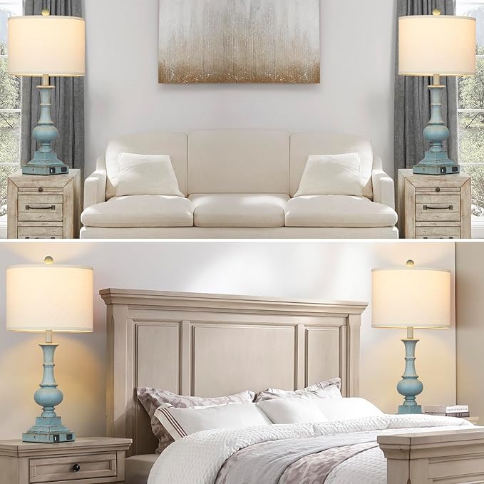 Farmhouse Table Lamps Set of 2, Rustic Touch Control Bedside Lamps with 2 USB Ports & AC Outlet, Vintage Resin 3-Way Dimmable Nightstand Lamp Linen Fabric Shade for Living Room Bedroom Decor Blue