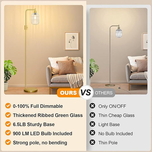 【Upgraded】 Dimmable Glass Floor Lamp for Living Room, Modern Gold Standing Lamp with Clear Ribbed Glass Lampshade & Knob Dimmer, Arc Tall Lamp for Bedroom Office Reading Room, 2700K Led Bulb Included