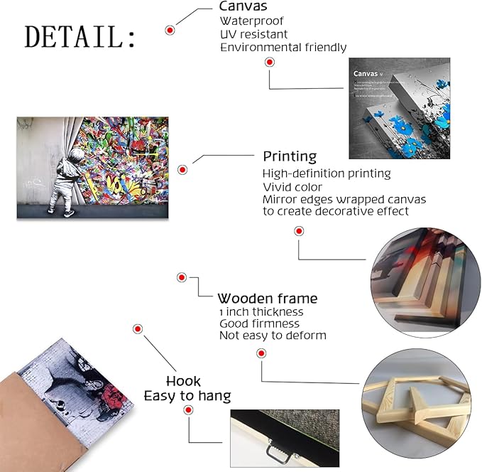 Banksy Canvas Wall Art Colorful Behind The Curtain Posters - 16x24 Inches Built-in Wooden Frame, Lightweight & Ready to Hang, Graffiti Banksy Wall Art Street Prints for Bedroom, Living Room Decor