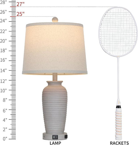 25“ Traditional Table Lamps Set of 2, Bedside Touch Lamp with USB C+A Charging Ports, Rustic Farmhouse Jar Table Lamps for Living Room Bedroom, Side Table Lamp with Beige Fabric Shade, Antique Grey