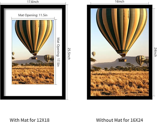 16x24 Picture Frame Set of 5, Black Poster Frame, Display Pictures 12 x 18 with Mat or 16x 24 Without Mat for Horizontal or Vertical Wall Mounting, Wall Gallery Frame for Artwork