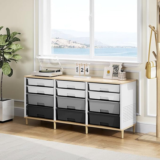 12-Drawer Storage Cabinet with Wooden Tabletop, Versatile Cube Storage Organizer Bin Storage for Home, Office, Playroom, Classroom & Craft Room Storage (Gradient Grey)