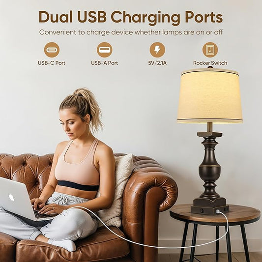 28'' Farmhouse Bedside Lamps Set of 2, Black Gold Table Lamps for Nightstand, Desk Lamps with Linen Shades, Table Lamps with USB A+C Port, Nightstand Lamps for Bedroom, Rocker Switch, Bulb Included