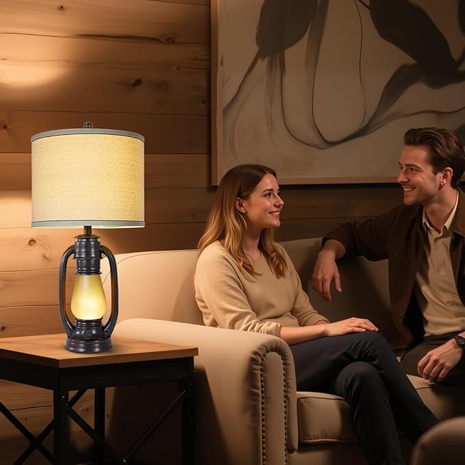 26'' Vintage Lantern Table Lamps Set of 2, Retro Bedside Nightstand Lamp with Nightlight and Linen Shade, Rustic Desk Lamp with USB A+C Ports, Farmhouse Table Lamps for Living Room Bedroom Study room