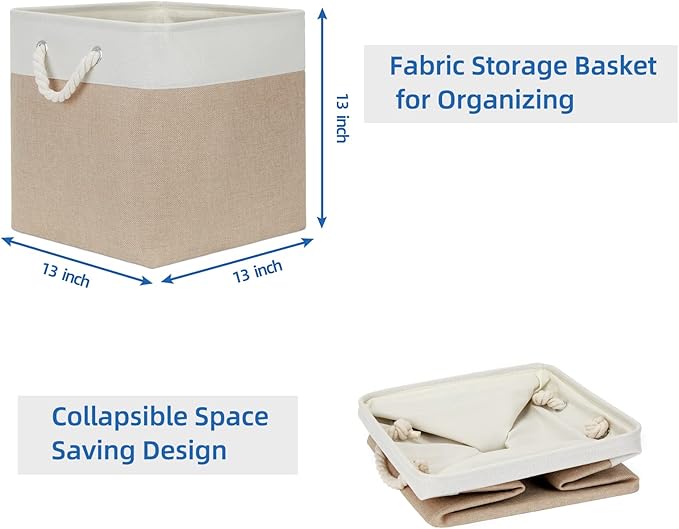 Temary Cube Storage Baskets 4 Pack 13x13 Fabric Cube Storage Bins for Clothes, Large Baskets Boxes with Handles, Canvas Basket for Organizing Towels, Collapsible Storage Bins (White&&Khaki)
