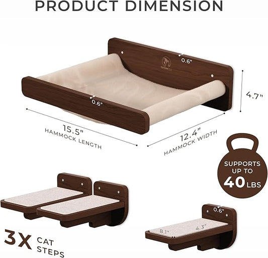 Space-Saving Cat Wall Shelves – Interactive Cat Wall Climber with Hammock & Dog Proof Feeding Station for All Indoor Breeds – Solid Walnut Wood with Beige Carpet
